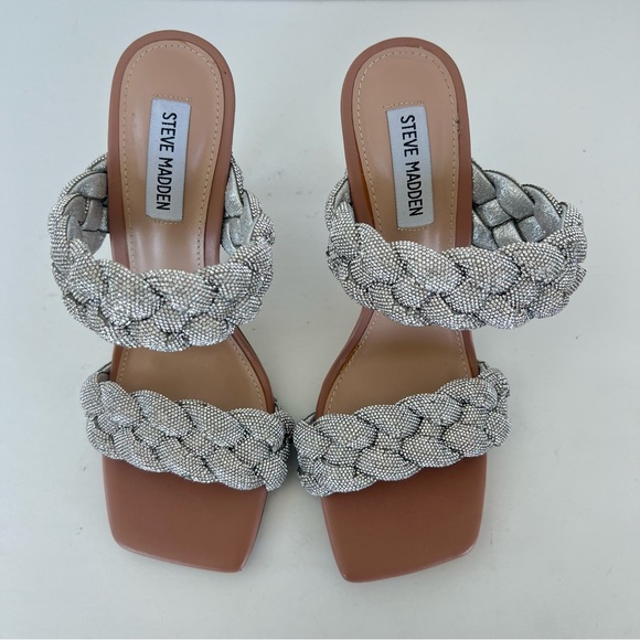 ♦️SOLD♦️STEVE MADDEN Kelley Silver Rhinestone Crystal Braided Beige Heels Sandal - Picture 5 of 16